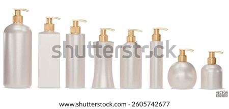 Set of Pearly pink Plastic Pump Bottles Mockup with Gold bottle cap Isolated on white Background. Cosmetic bottle mockup. Cosmetic product package. Pump container collection. 3D Vector Illustration