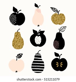 A set of pears and apples in gold glitter, pastel pink and black isolated on white background. Modern and stylish greeting card, wall art, poster design.