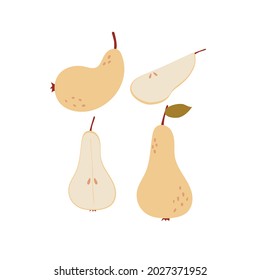 Set of pears, cut, half, quarter in abstract style. Vector