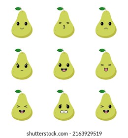 Juego de peras con emociones kawaii. Ilustración vectorial de diseño plano