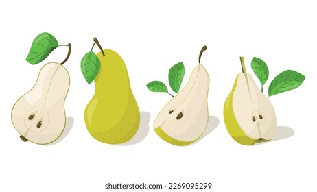 Set of pears with leaves on a white background.