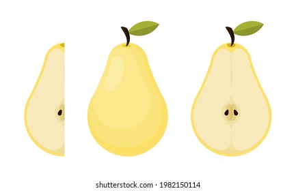 Set of pears and sliced pears (whole, half, slice) isolated on white background with cartoon style.
