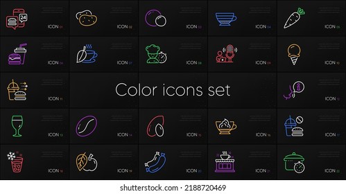 Set of Peas, Ice cream and Cappuccino line icons. Include Apple, Carrot, Coffee beans icons. Fast food, Food delivery, Coffee shop web elements. Chef, Ice maker, Peanut. Sausage. Vector