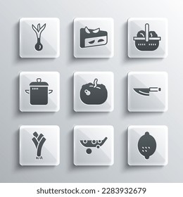 Indique el ícono de Peas, Limón, Cuchilla, Calabaza, Leek, Cocina, Cebada y Cesta. Vector