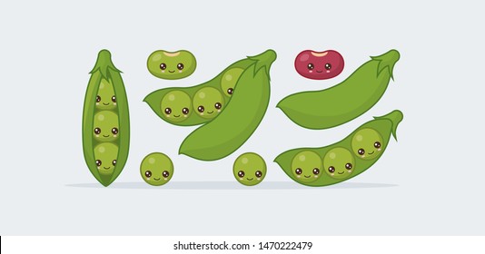 Set peas in a pod, bean. Cute kawaii smiling food. Vector illustration