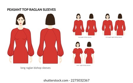 Set of Peasant top raglan sleeves bishop style long, 3-4 and short length clothes technical fashion illustration with fitted body. Flat apparel template front, back sides. Women, men unisex CAD mockup