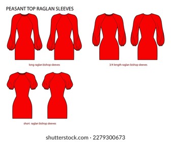 Set of Peasant top raglan sleeves bishop style long, 3-4 and short length clothes technical fashion illustration with fitted body. Flat apparel template front, back sides. Women, men unisex CAD mockup