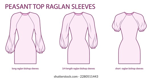 Set of Peasant top raglan sleeves bishop style long, 3-4 and short length clothes technical fashion illustration with fitted body. Flat apparel template front side. Women, men unisex CAD mockup