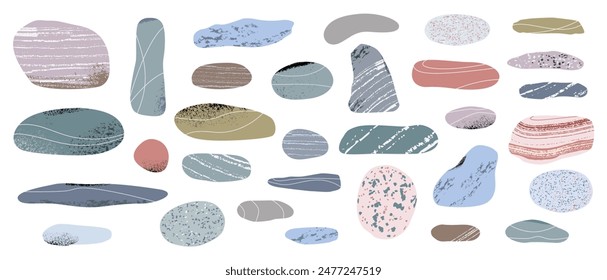 Set of pebble stones of various shapes, sizes, colors. Vector illustration on white isolated background in flat style.