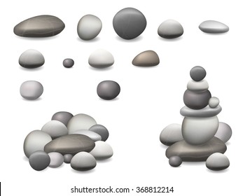 Set of pebbles and natural stones of different shapes and colors. With examples of use. Realistic vector illustration, isolated on white background.