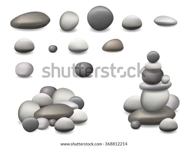 形や色の異なる小石と自然石のセット 使用例を示します 白い背景にリアルなベクターイラスト のベクター画像素材 ロイヤリティフリー