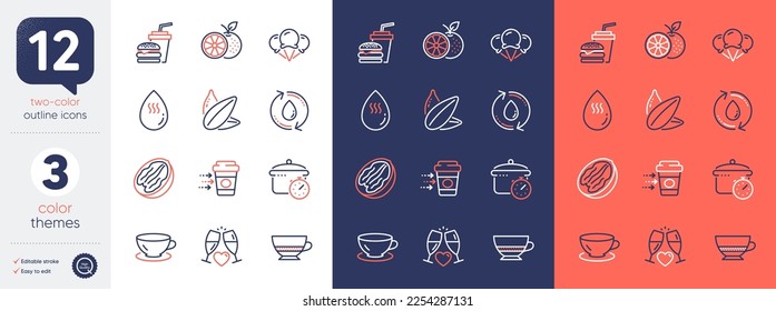 Set of Pecan nut, Bombon coffee and Espresso line icons. Include Hamburger, Ice creams, Refill water icons. Hot water, Orange, Wedding glasses web elements. Sunflower seed, Boiling pan. Vector