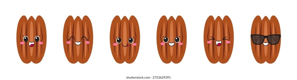 Conjunto nuez de nuez, personaje de dibujos animados lindo y divertido, sabroso y saludable nuez, ojos grandes, emociones alegría deleite, cara sonriente feliz, estilo kawaii, icono Vector ilustración infantil.