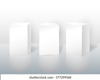 Set of pedestal for display. Platform for design. Realistic 3D empty podium. Vector illustration EPS 10. Isolated on white background.