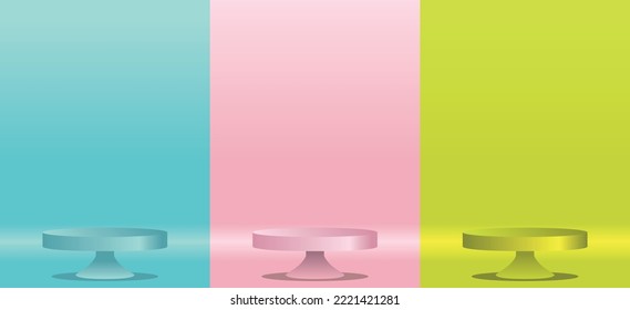 Set of pedestals with backgrounds of different colors, for product display, advertising, winner. vector illustration. Copy space