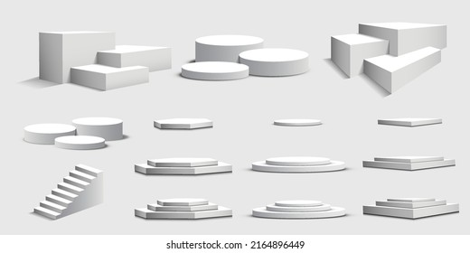 Set of pedestals and podium, vector display platform or 3D stage stand, realistic dais. Light background of studio podium or platform, pedestal for product demonstration
