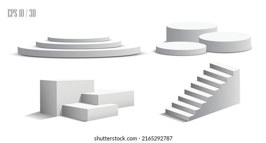 Set of pedestals and podium, vector display platform or 3D stage stand, realistic dais. Light background of studio podium or platform, pedestal for product demonstration
