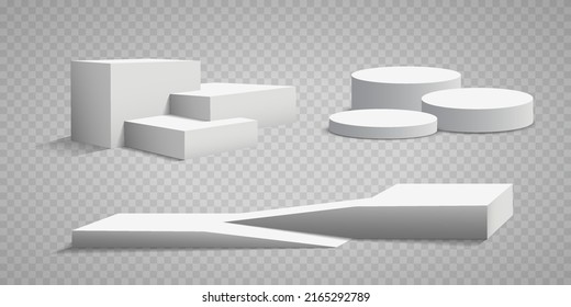 Set of pedestals and podium, vector display platform or 3D stage stand, realistic dais. Light background of studio podium or platform, pedestal for product demonstration
