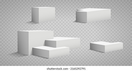Set of pedestals and podium, vector display platform or 3D stage stand, realistic dais. Light background of studio podium or platform, pedestal for product demonstration
