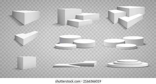 Set of pedestals and podium, vector display platform or 3D stage stand, realistic dais. Light background of studio podium or platform, pedestal for product demonstration
