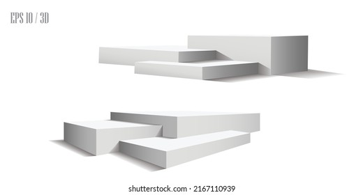 Set of pedestals and podium, vector display platform or 3D stage stand, realistic dais. Light background of studio podium or platform, pedestal for product demonstration
