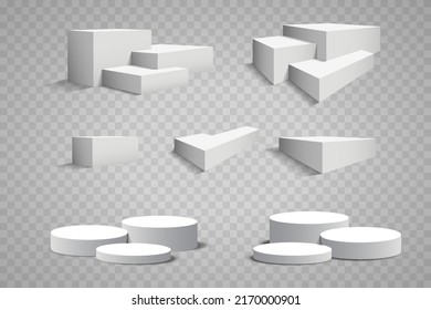 Set of pedestals and podium, vector display platform or 3D stage stand, realistic dais. Light background of studio podium or platform, pedestal for product demonstration

