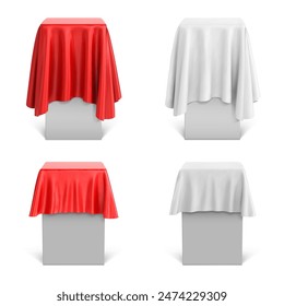 Set of pedestals with red and white fabric on a white background. Vector illustration