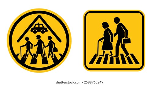 Set of pedestrian crossing vector signs. Crosswalk or zebra. Pedestrians traffic road sign. No walking. Area for crossing road. Pedestrian Crossing Signs for Diverse Needs