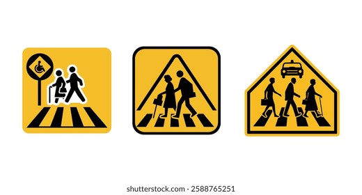 Set of pedestrian crossing vector signs. Crosswalk or zebra. Pedestrians traffic road sign. No walking. Area for crossing road. Pedestrian Crossing Signs for Diverse Needs