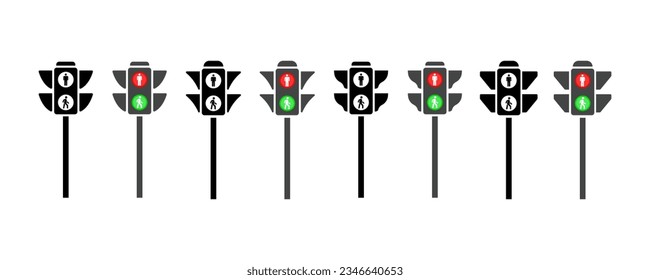 Set of pedestrian traffic light vector icons. Green and red signal stoplight. Urban traffic light with man. Go and stop. Vector 10 Eps.