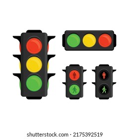 Set of pedestrian and traffic lights different types. Traffic light to regulate the movement of cars. Vector illustration EPS 10.