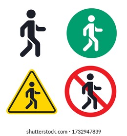Set of pedestrian traffic signs of different colors vector icon flat isolated.