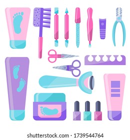 Set for a pedicure. A collection of personal care products and accessories. Foot beauty kit. Tools for female attractiveness. Vector illustration in flat style.Isolated on a white background.