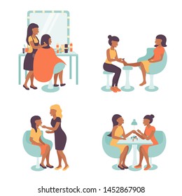 Set pedicure and manicure, visage and hairdress salon illustration, characters  pedicurist, manicurist, hairdresser stylist and visagist women working. Flat vector illustration.