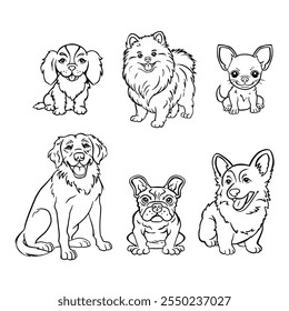 Set of Pedigree Dogs Coloring Page, Hand Drawn Vector Illustration