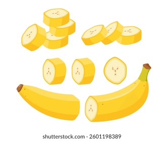 Set of peeled yellow banana fruits and pieces or slieses. Organic tropical peeled bananas for juice, smoothie or healthy food. Vector illustration isolated on white background.
