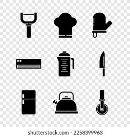 Set Peeler, Chef hat, Oven glove, Refrigerator, Kettle with handle, Pizza knife, Air conditioner and Teapot icon. Vector