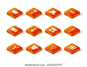 Set Peeler, Measuring cup, Microwave oven, Pizza knife, Frying pan, Scales, Gas stove and Blender icon. Vector