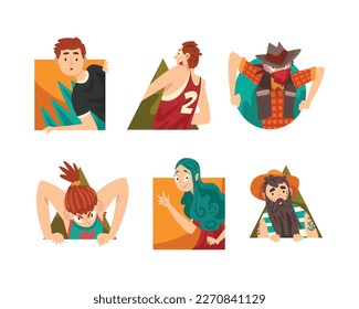 Set of peeping and peeking people. Funny curious young men and women searching for something and hiding cartoon vector illustration