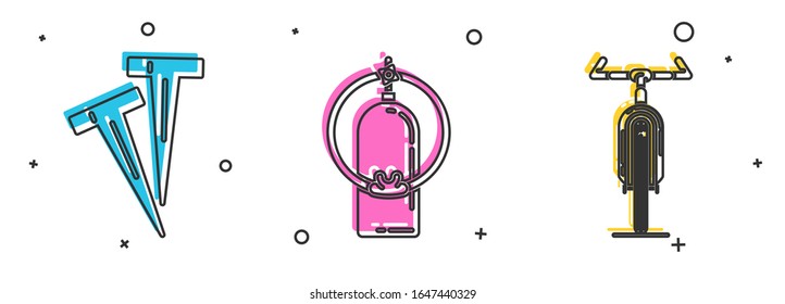 Set Pegs for tents, Aqualung and Bicycle icon. Vector