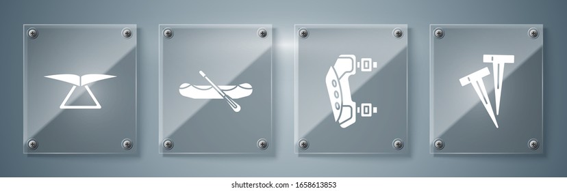 Set Pegs for tents, Knee pads, Rafting boat and Hang glider. Square glass panels. Vector