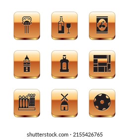 Set Peineta, Dali museum, Windmill, Orujo, Giralda, Olives can, Football ball and Wine bottle with glass icon. Vector