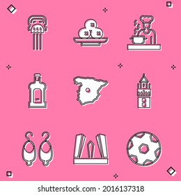 Set Peineta, Olives on plate, Spanish cook, Orujo, Map of Spain, tower, Earrings and Gateicon. Vector