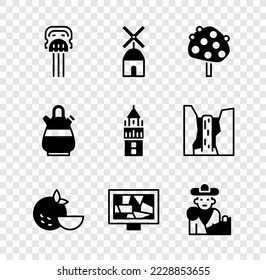 Set Peineta, Windmill, Orange tree, fruit, Picture art, Bullfight, matador, Sangria pitcher and Giralda icon. Vector