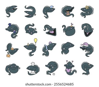 Set of pelican eel cute cartoon characters showcasing diverse emotions, accessories including hat, balloon, gift, and culinary elements for versatile and creative clipart designs