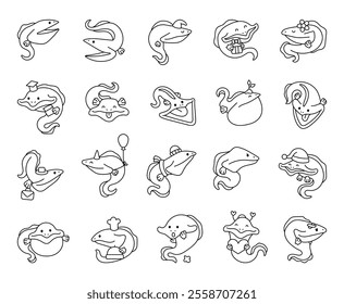 Set of pelican eel cute cartoon characters showcasing diverse emotions, accessories including hat, balloon, gift, and culinary elements for versatile and creative clipart designs