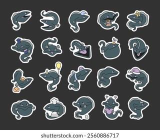 Set of pelican eel cute cartoon characters showcasing diverse emotions, accessories including hat, balloon, gift, and culinary elements for versatile and creative clipart designs