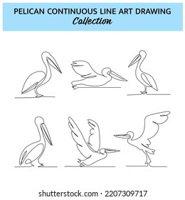 Conjunto de un plano de línea continua pelícano. Decoración cuidada con elementos dibujados a mano. Ilustración vectorial de estilo minimalista sobre fondo blanco.