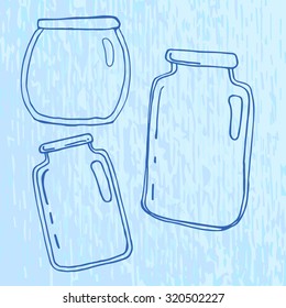 Set of pellucid glass jars in sketch style. Vector illustration.