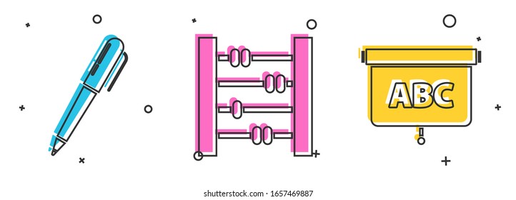 Set Pen, Abacus and Chalkboard icon. Vector